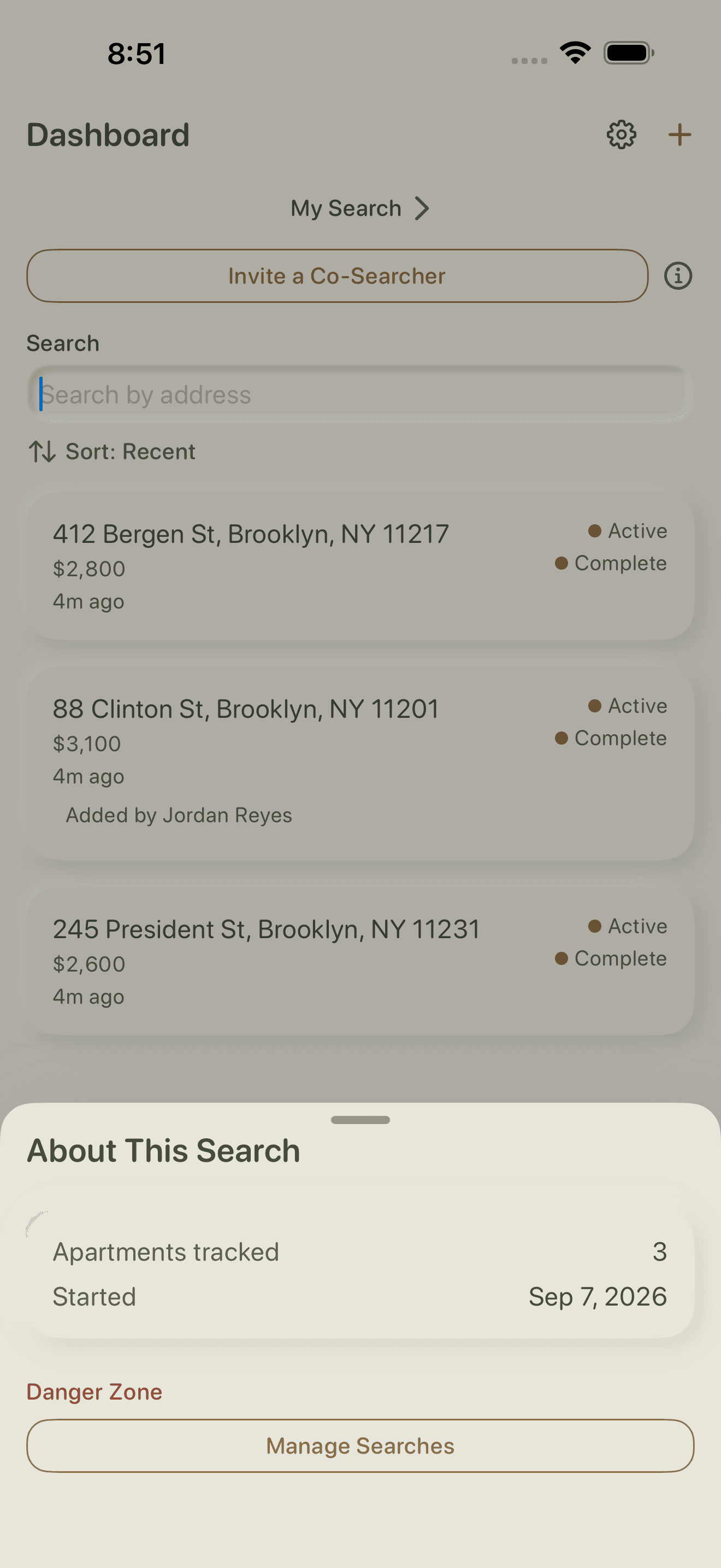 A bottom sheet titled About This Search showing the number of apartments tracked, the date the search started, and a Manage Searches button.