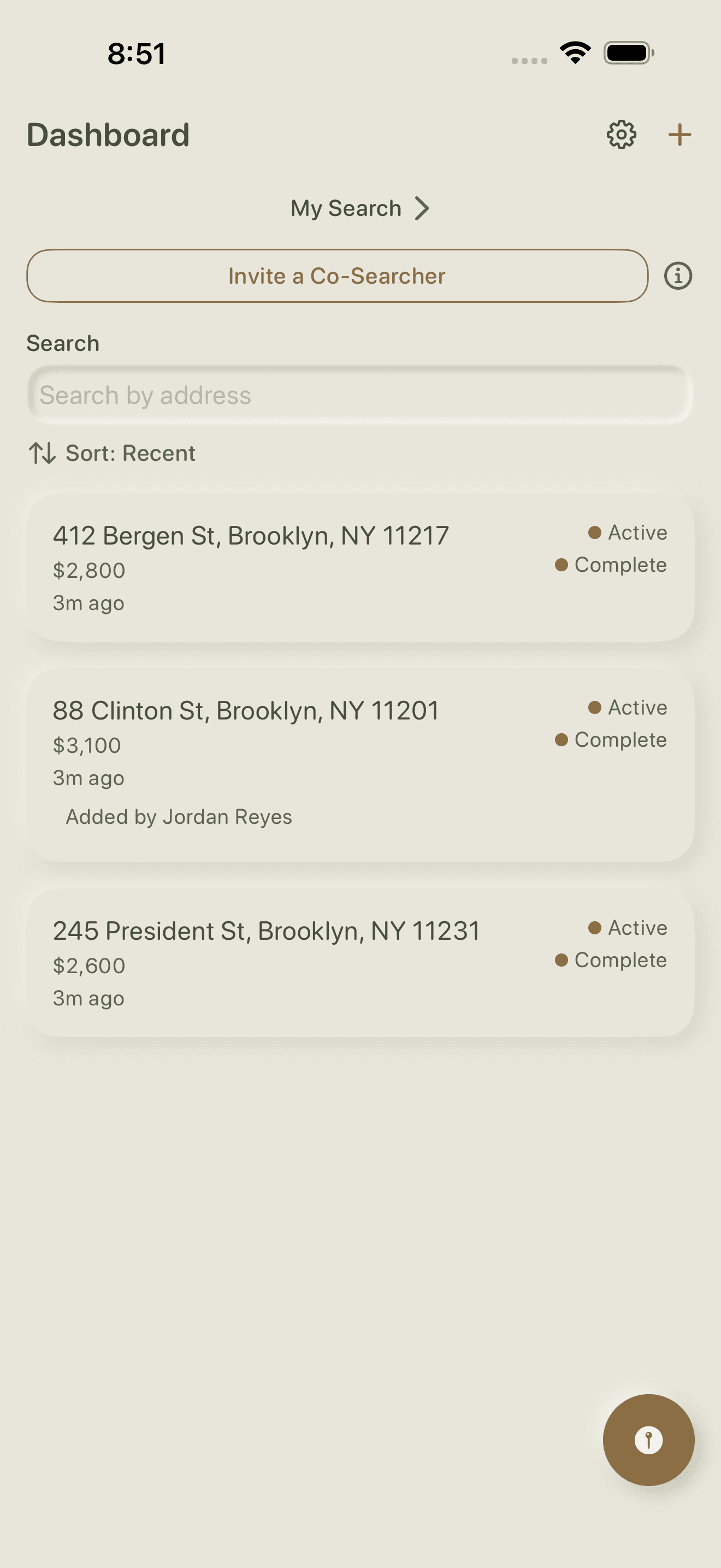 Talk & Tour dashboard listing three toured Brooklyn apartments with their rent, status and who added them.