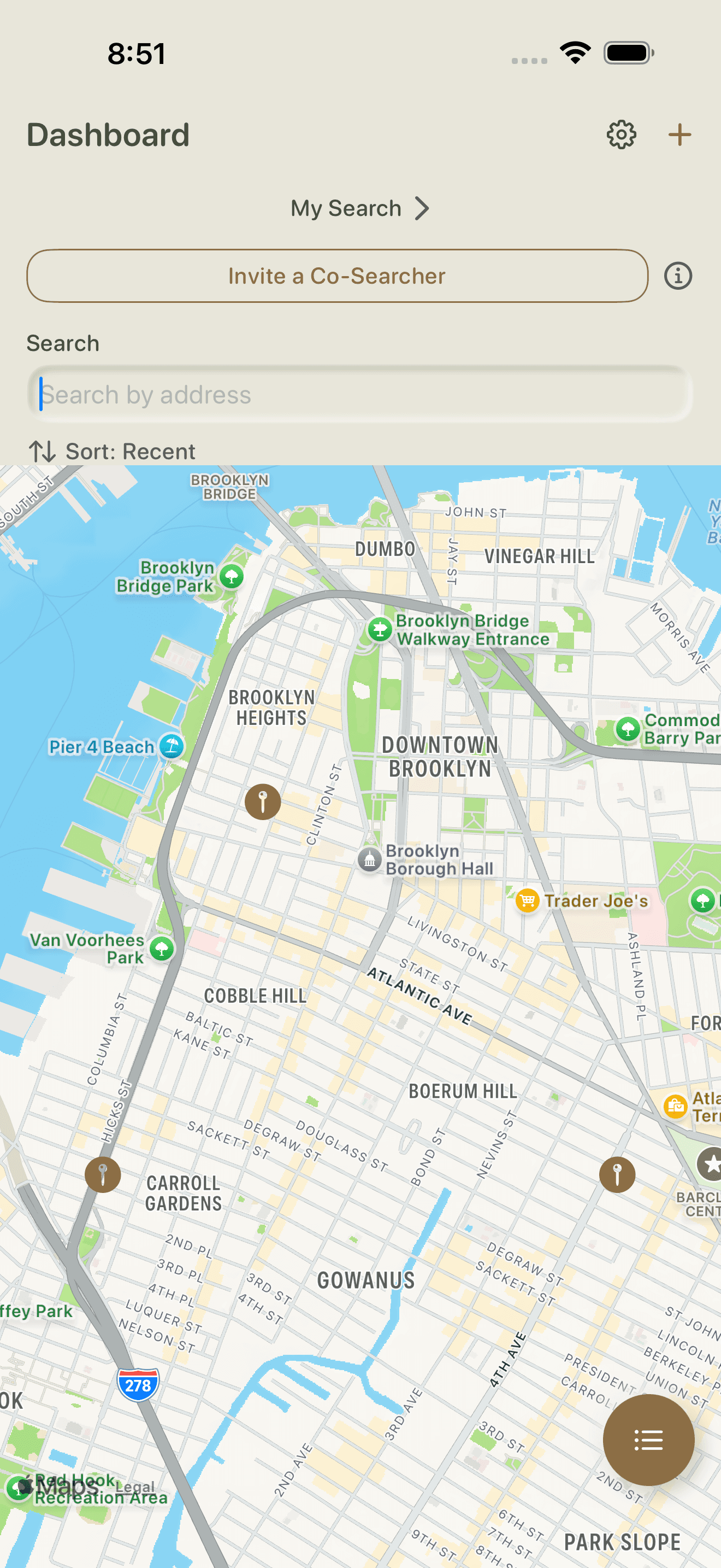 The same apartments shown as pins on a map of Brooklyn, with a button to switch back to the list.